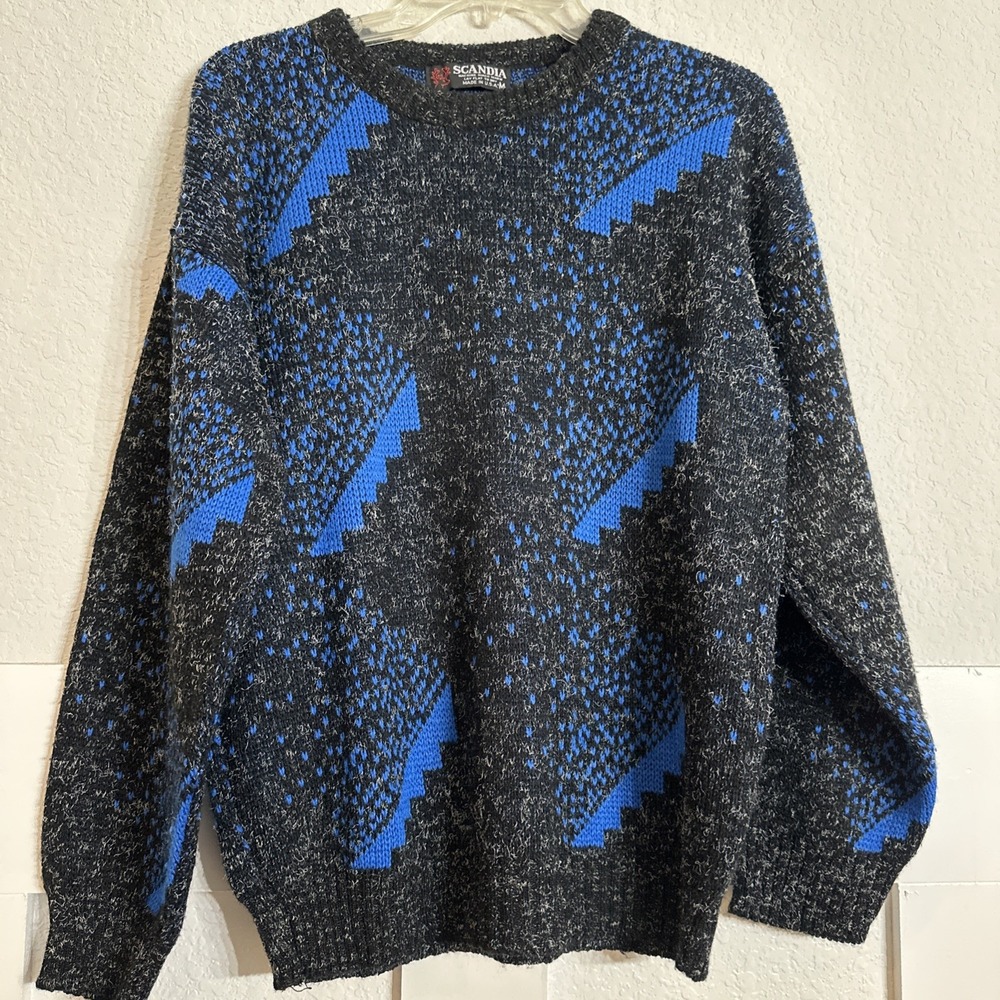 VTG 80s USA Made Scandia Mens Medium Abstract Geometric Sweater Blue Gray